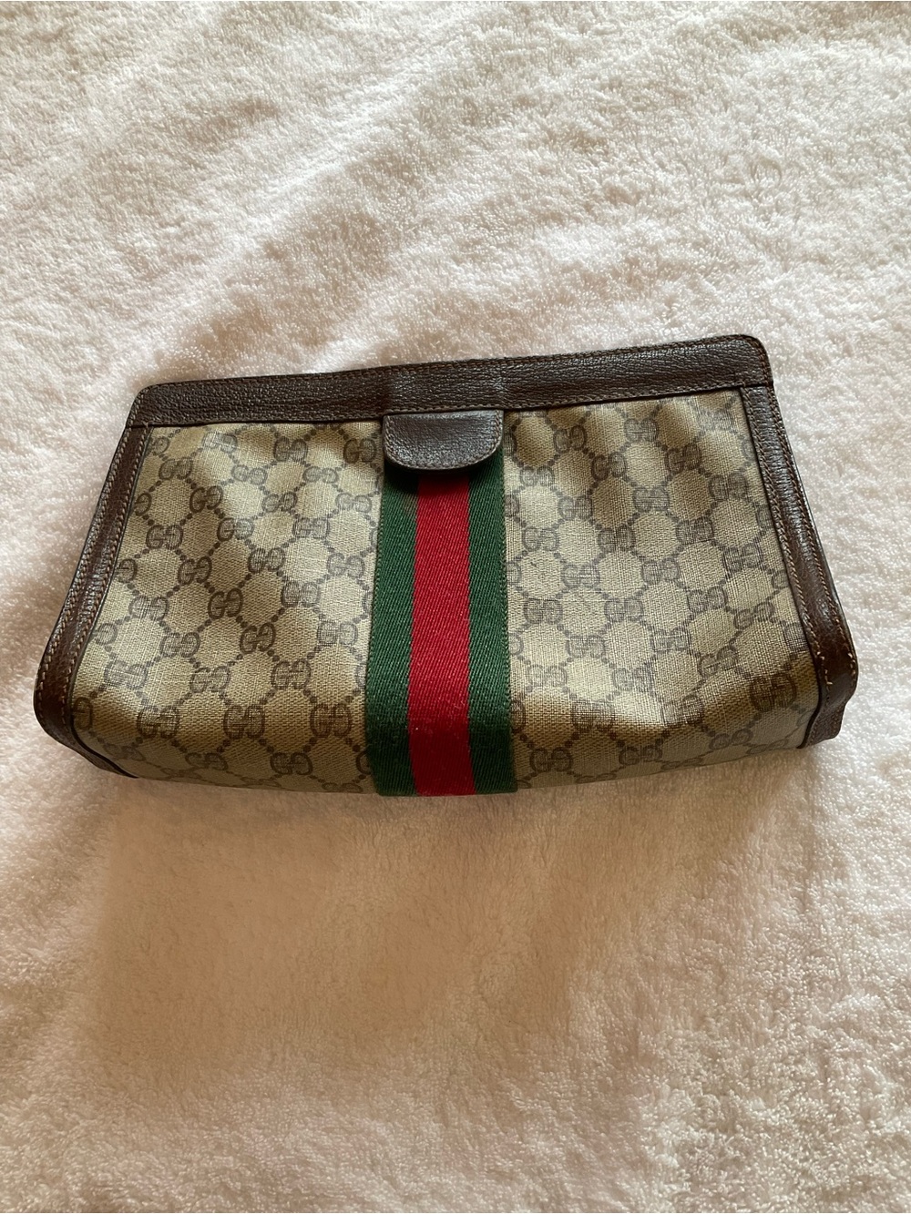 Gucci Brown GG Supreme Canvas Clutch with Green and Red Web Stripe